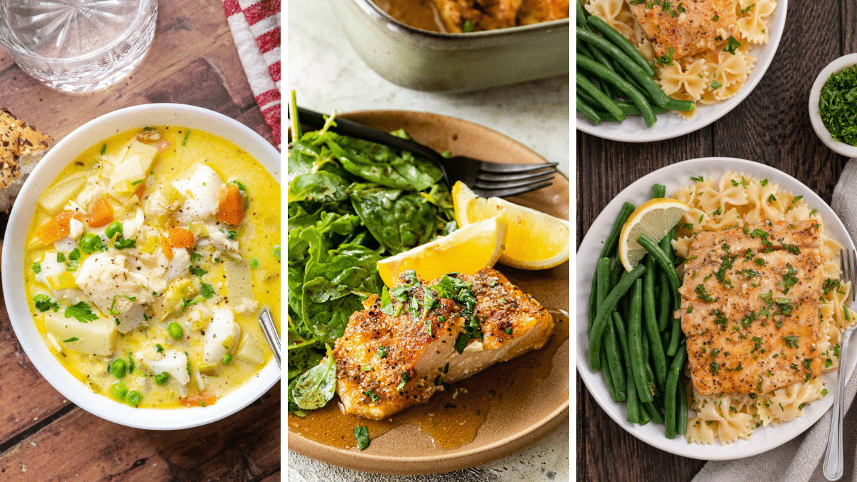 Photo collage with three fish recipes. 