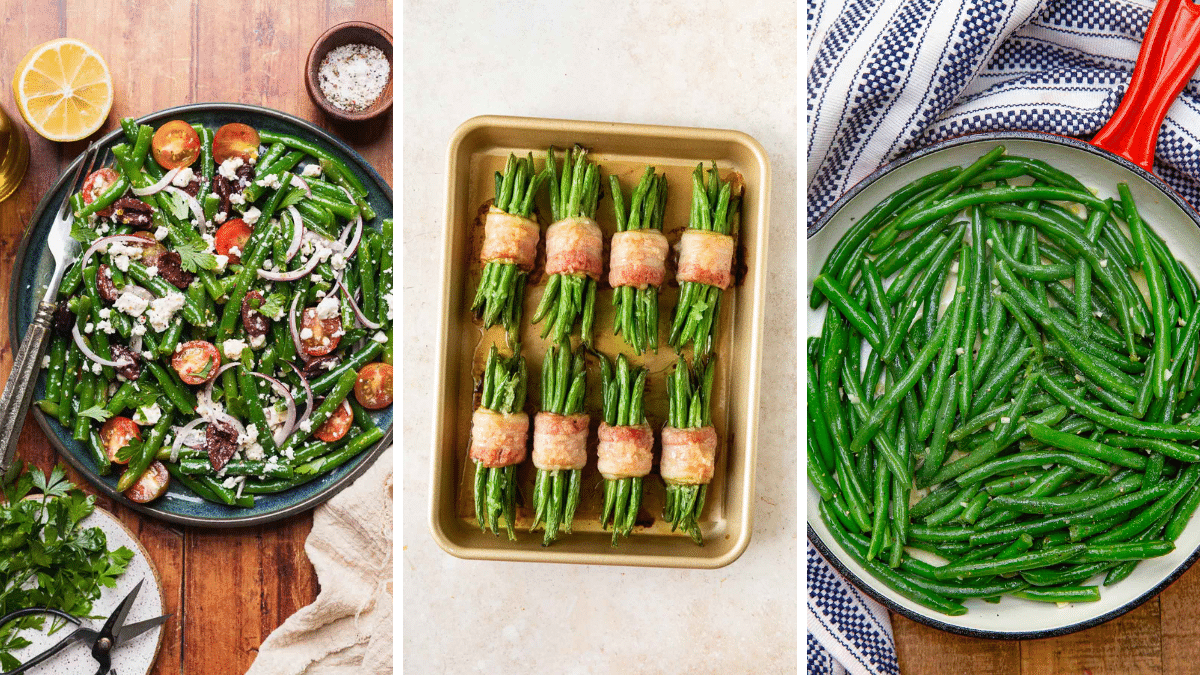 A photo collage of three green bean recipes, a salad, a sheet pan with bacon wrapped bundles, and a saute pan with green beans. 
