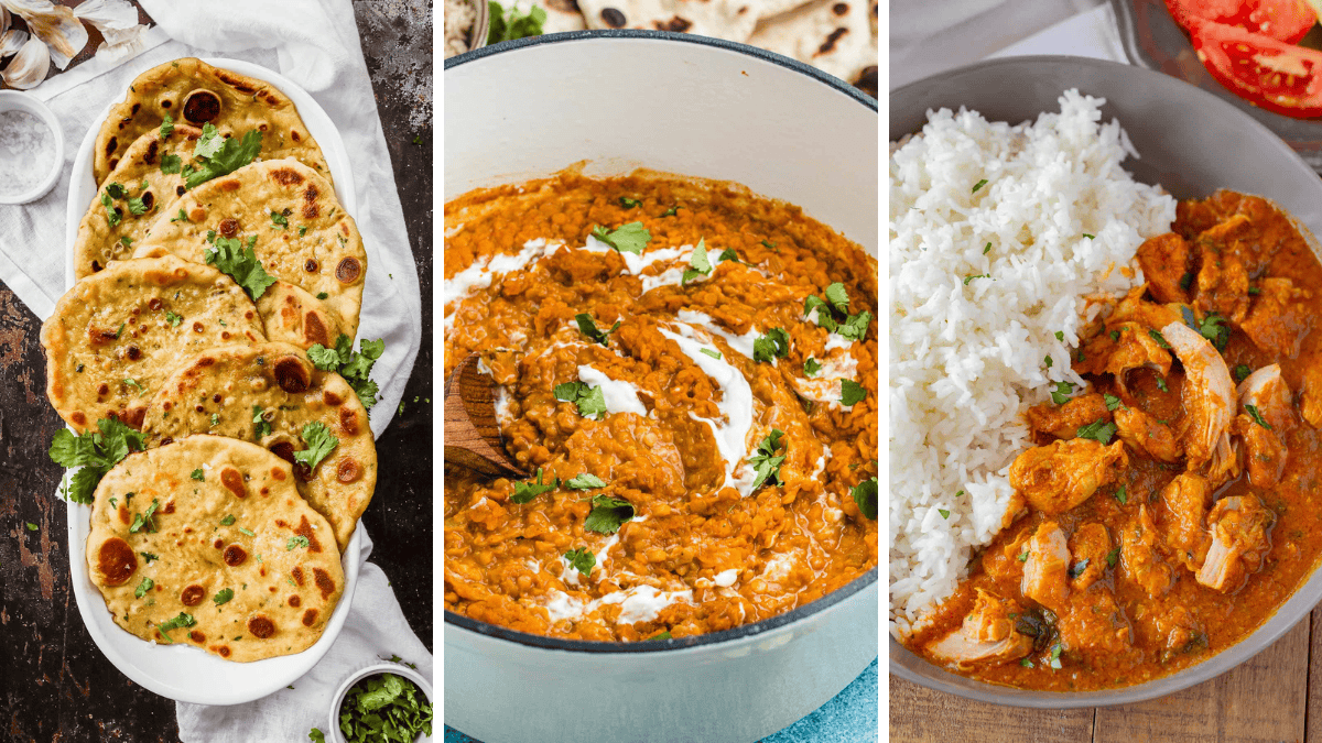 Photo collage of Indian recipes, garlic naan, lentils, and chicken with rice. 