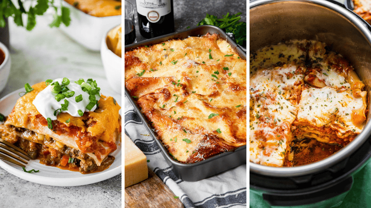 Photo collage of three lasagna recipes, the first a piece on a plate, the second a lasagna in a baking pan, and the third lasagna in the instant pot. 