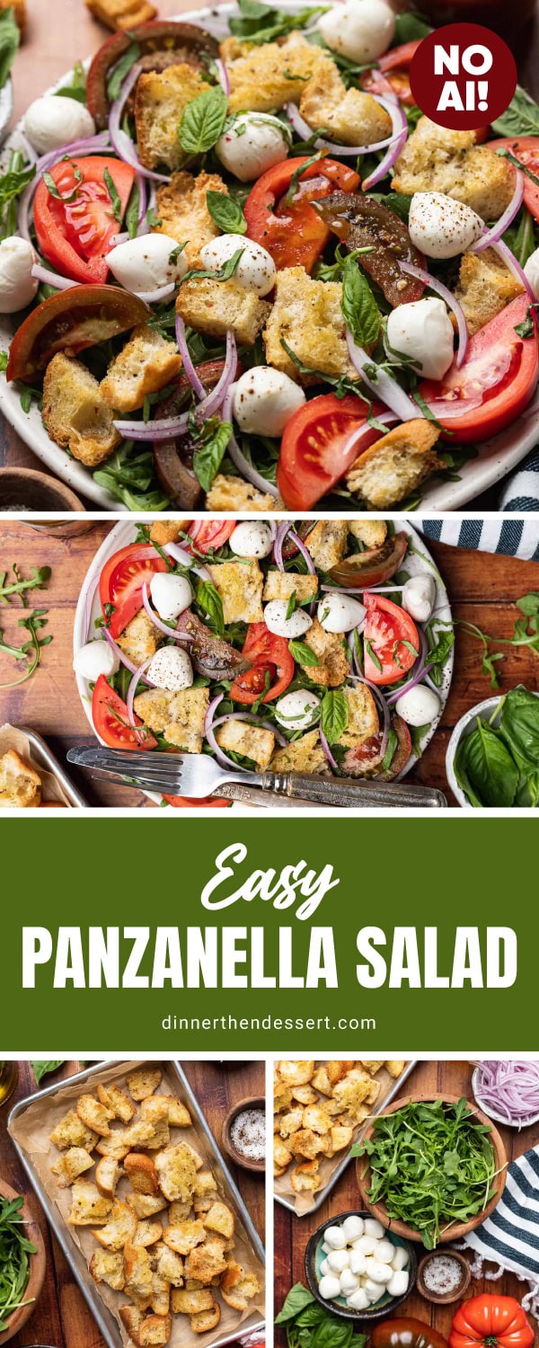 Photo collage of salad with greens, tomato, mozzarella, and large croutons.