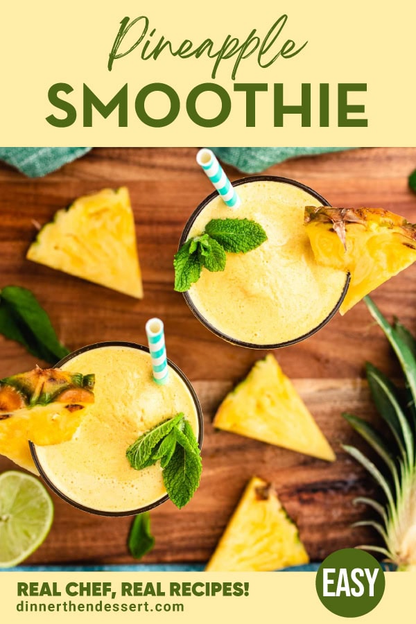 Overhead view of two fruit smoothies.