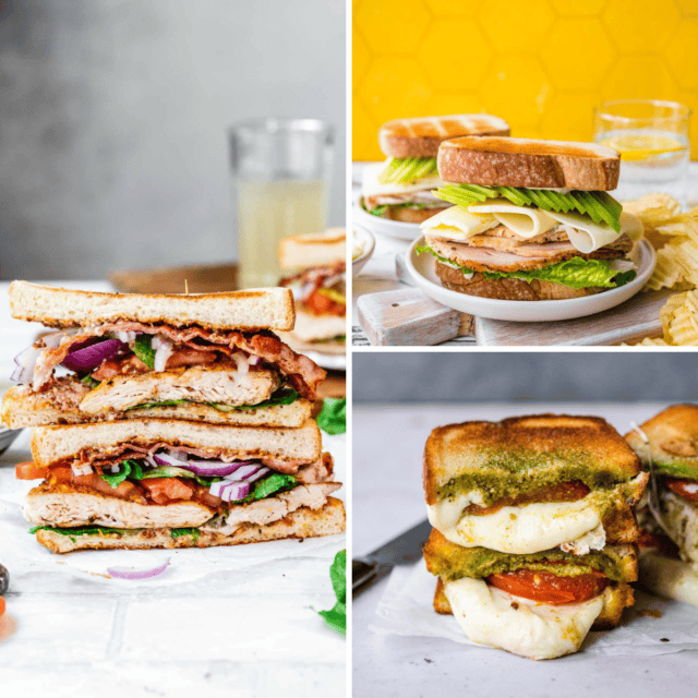 3 image grid of sandwich recipes. turkey havarti, grilled chicken and caprese grilled cheese.