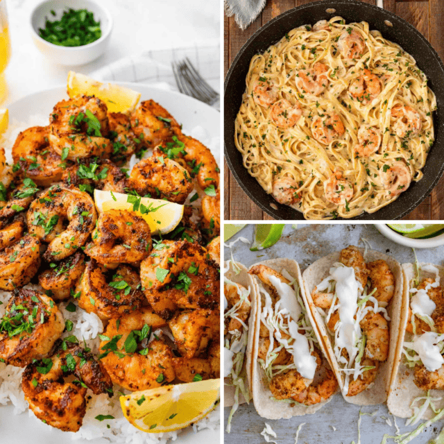 3 image grid of shrimp recipes - cajun shrimp, shrimp alfredo and shrimp tacos.