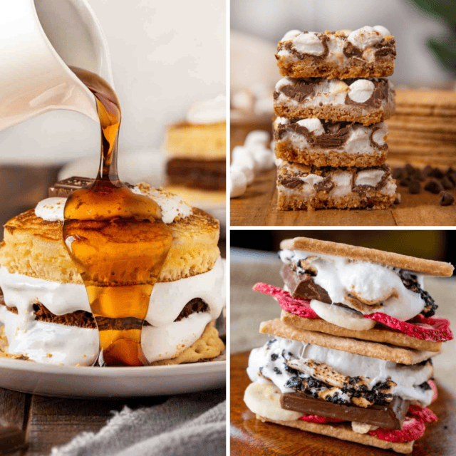 3 image grid with smores pancakes, bars, and banana split smores.