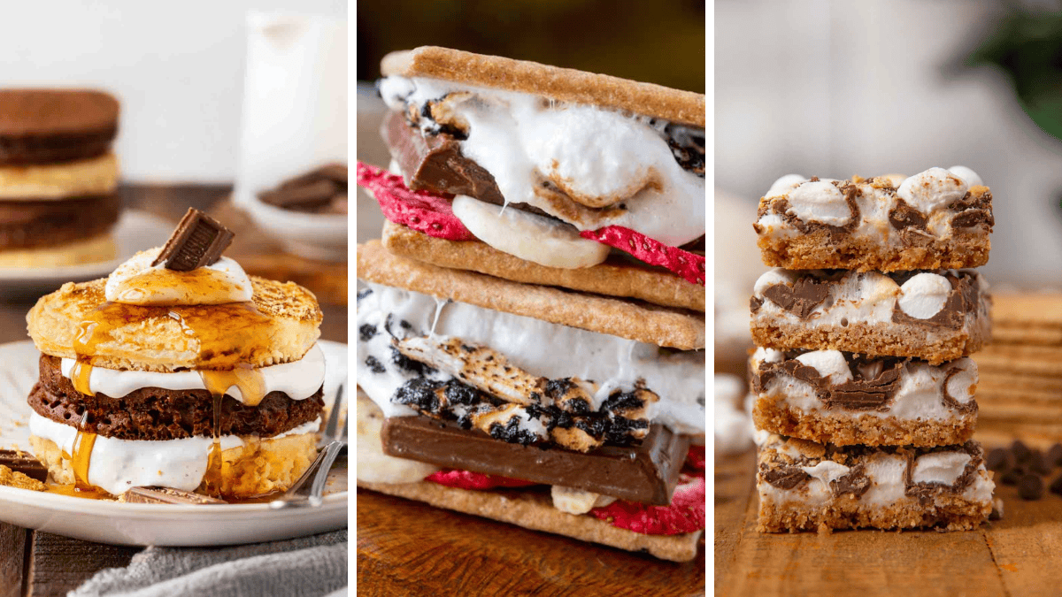 Photo collage of three different s'mores recipes. 