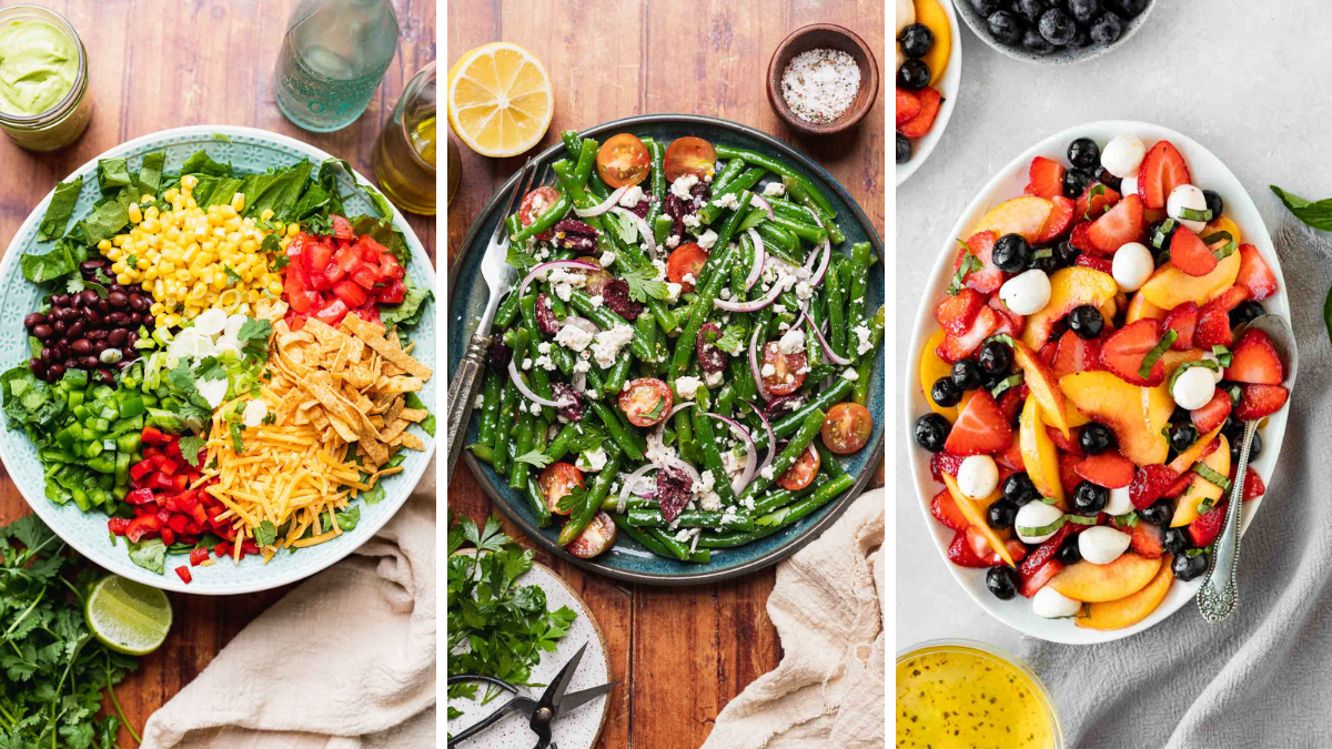 3 image collage of southwest salad, peach caprese salad, and green bean salad.