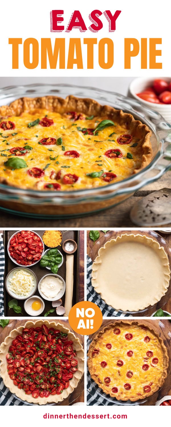 Collage of savory pie with red vegetables, spices and cheese.
