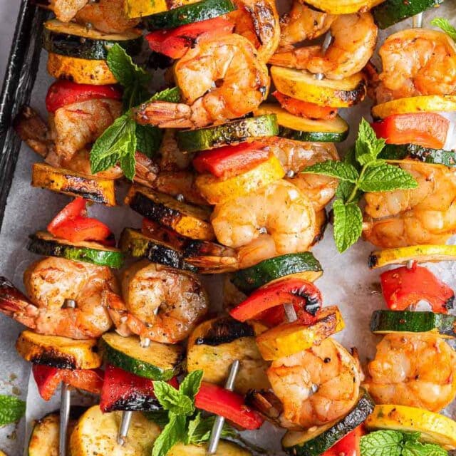 Shellfish and vegetables on a skewer
