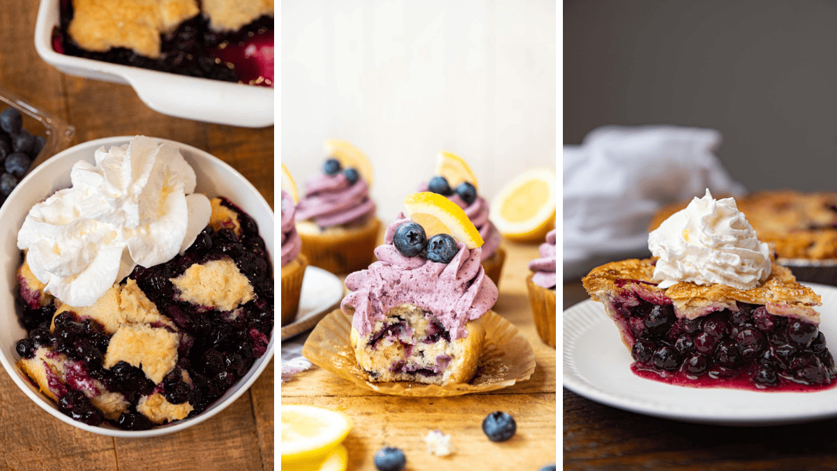 A photo collage of three recipes, blueberry cobbler, cupcakes, and pie. 
