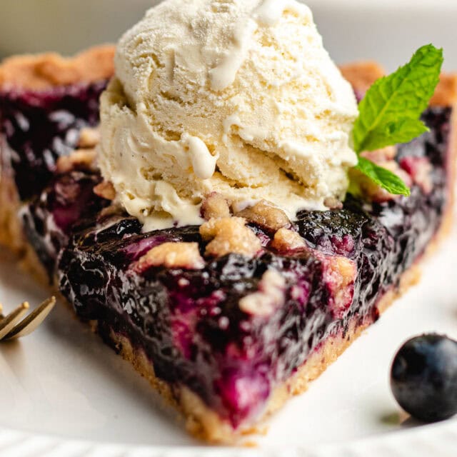 Slice of fruit tart with vanilla ice cream on top.