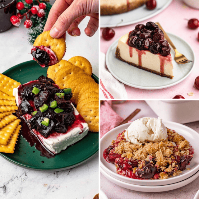 3 image collage of Cherry jalapeno jam, cherry cheesecake, and cherry crisp recipes.