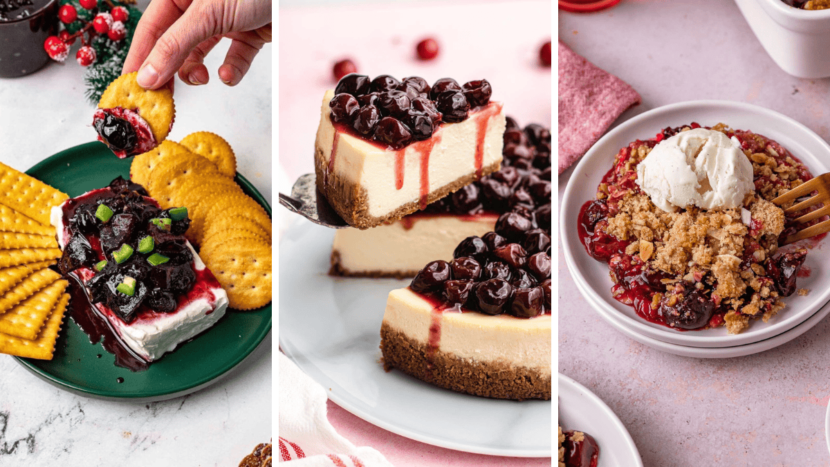 3 image collage of Cherry jalapeno jam, cherry cheesecake, and cherry crisp recipes.