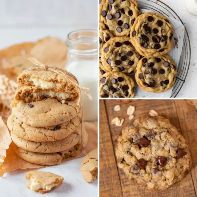 3-image collage of three different kinds of cookies with chocolate chips