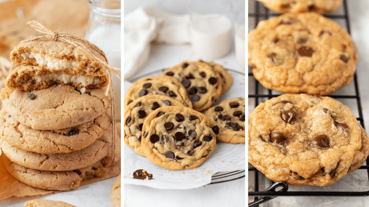Photo collage of three chocolate chip cookie recipes, cream cheese cookies, bakery style cookies, and classic cookies.
