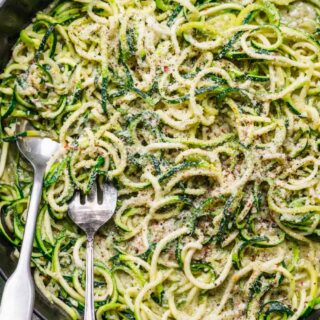 Large pan filled with sautéed veggie noodles.