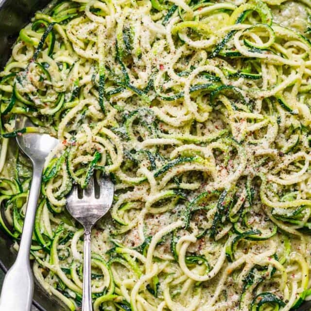 Large pan filled with sautéed veggie noodles.
