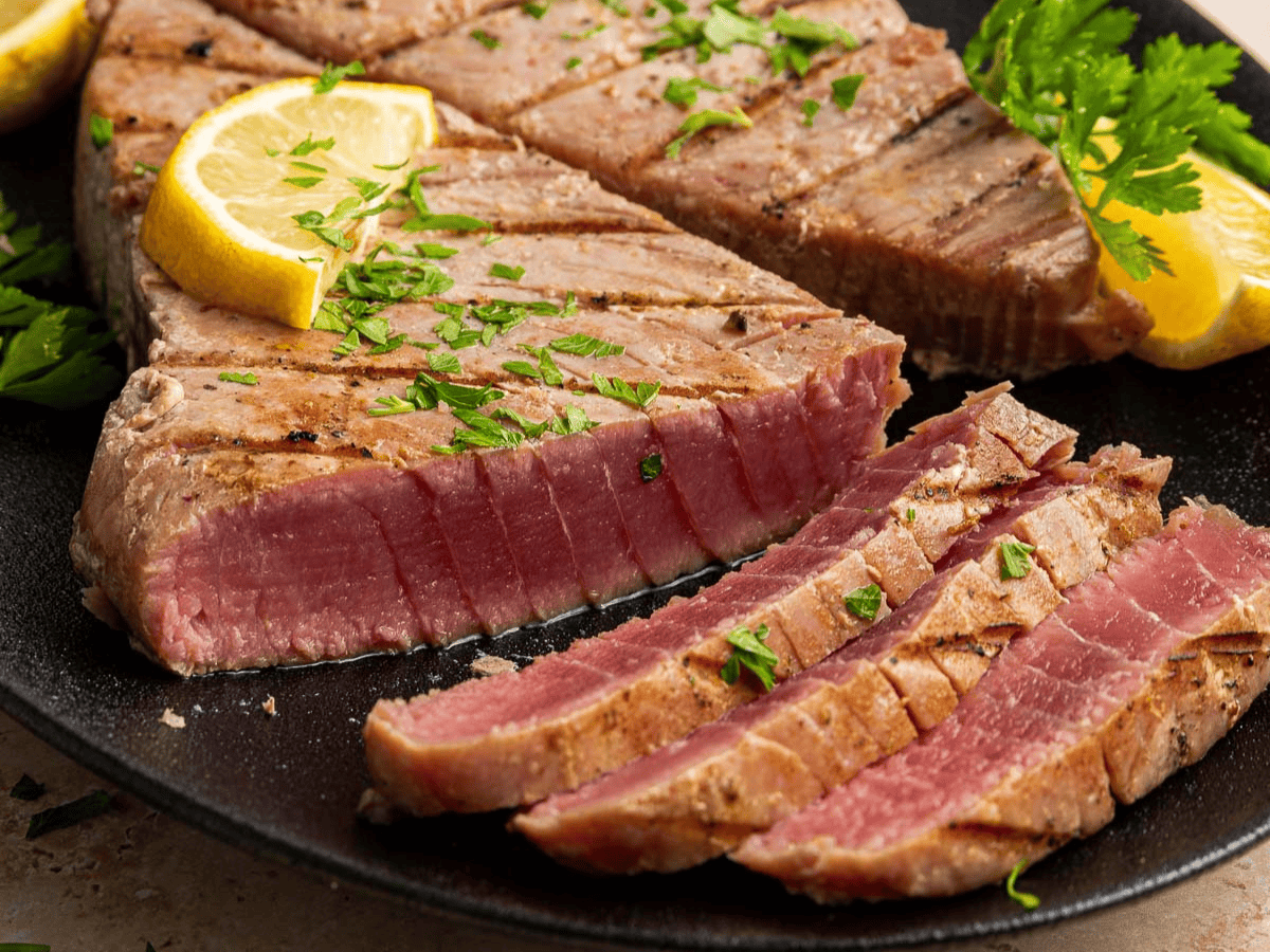 Sliced seared fish fillet.