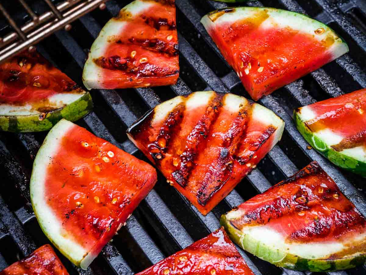 Melon slices on grill.