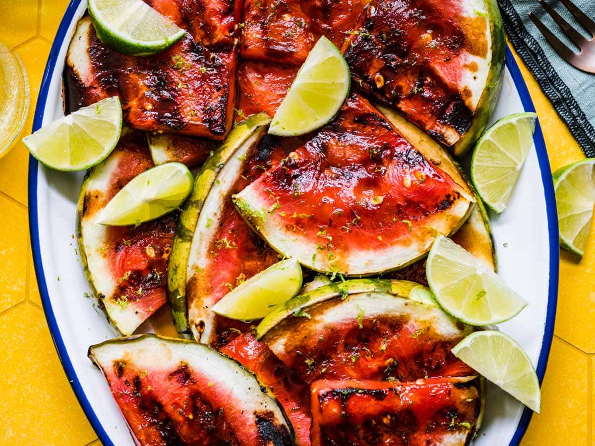 Serving dish with grilled melon.