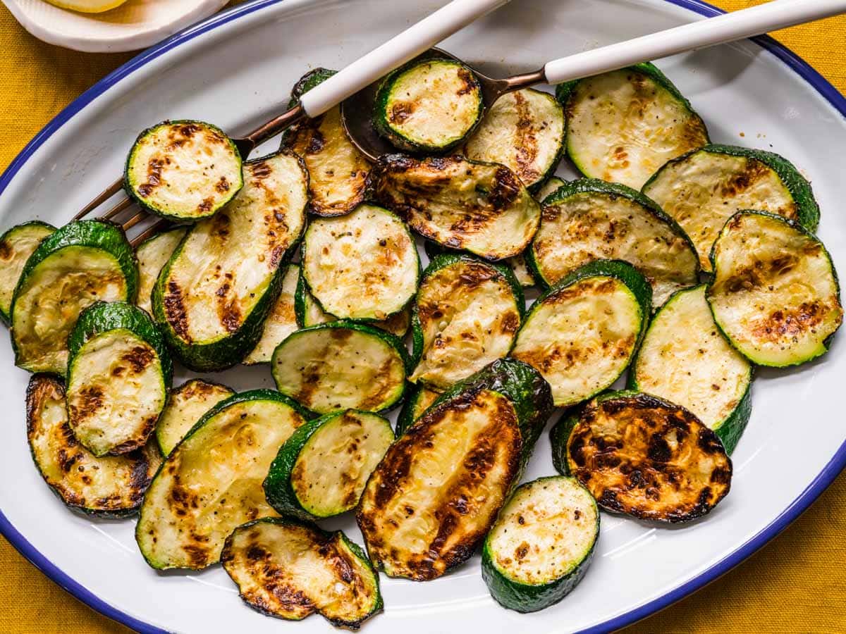 Grilled squash on serving dish.