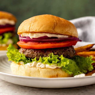 Dressed hamburger on dinner plate with fries.