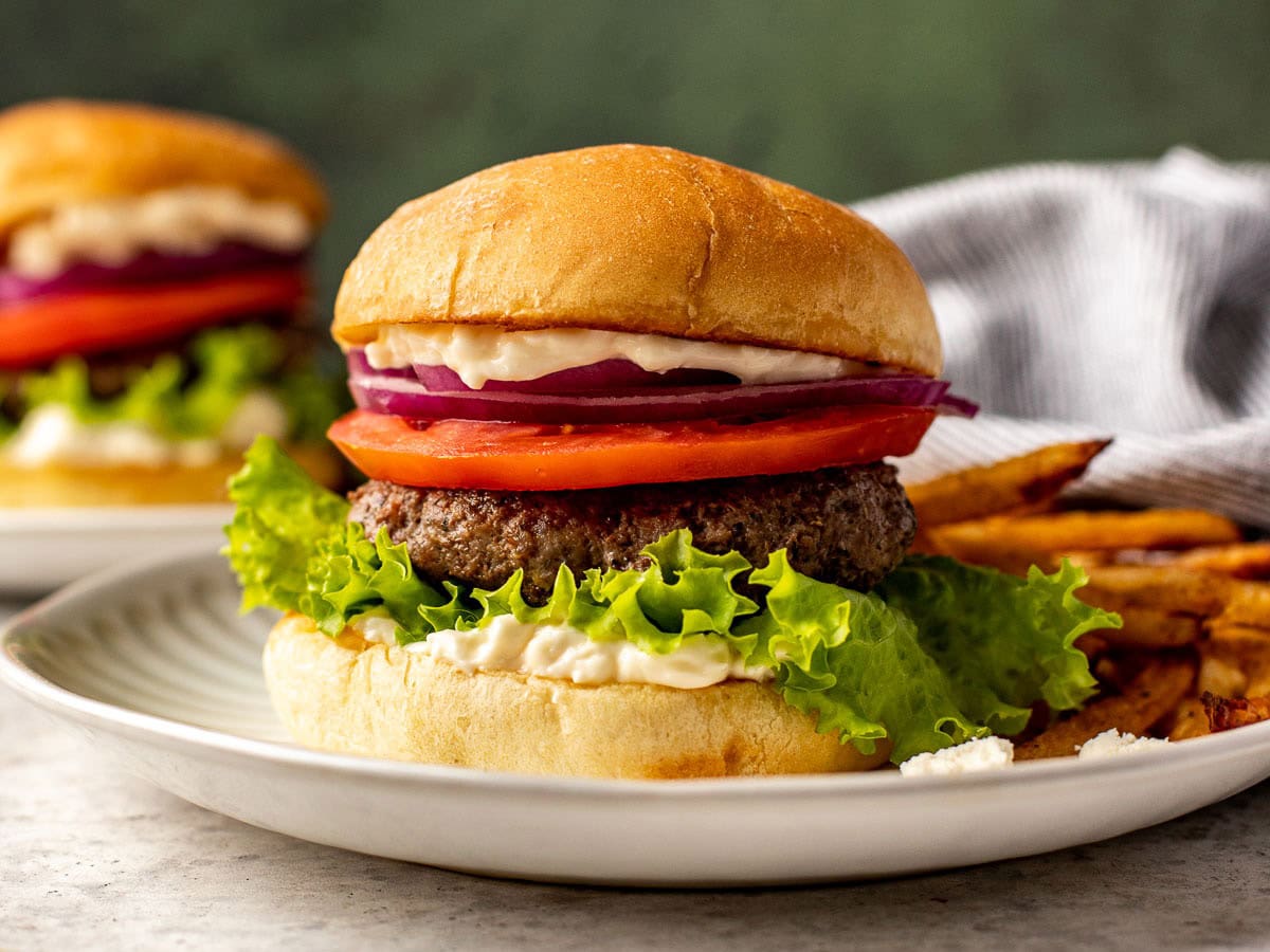Dressed hamburger on dinner plate with fries.