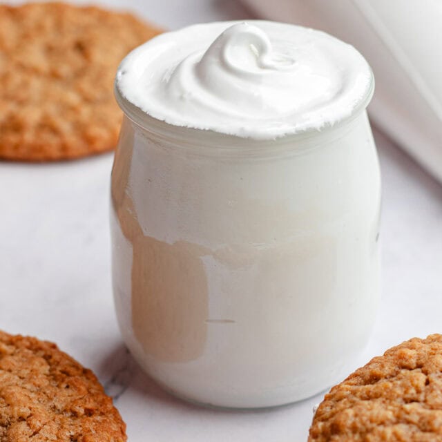 Creamy vanilla whipped topping in jar.