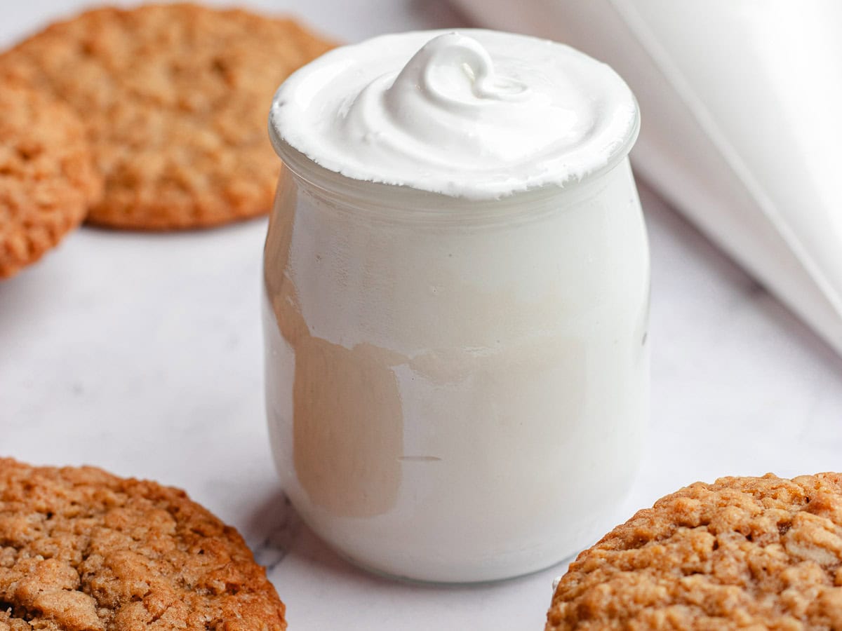 Creamy vanilla whipped topping in jar.