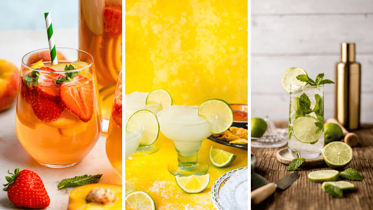 3 image collage of white sangria, frozen margarita, and mojito drinks