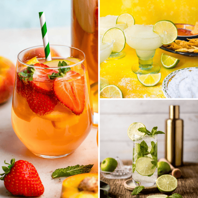 3 image grid of white sangria, frozen margarita, and mojito drinks