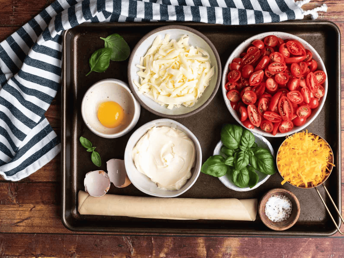 Ingredients for savory pie in individual bowls