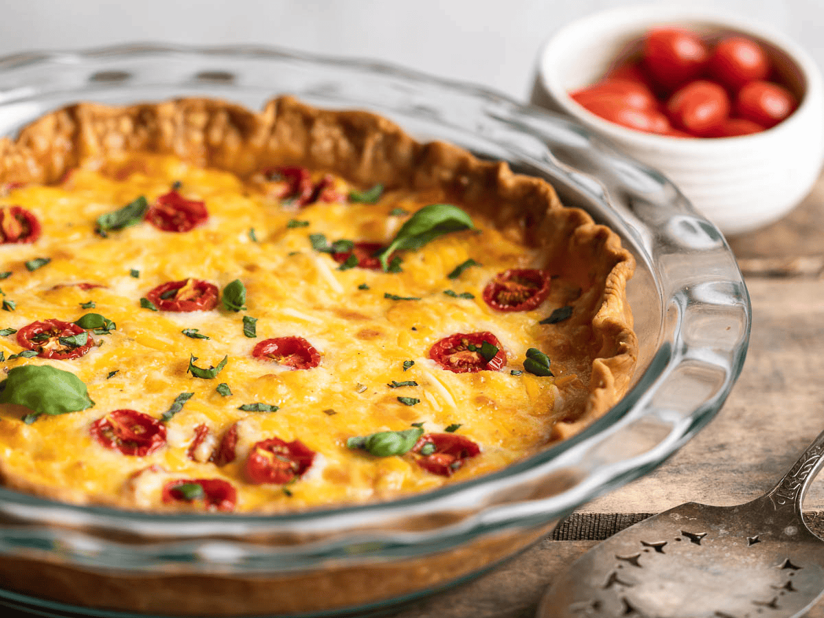 Cooked savory pie in a glass pie dish on top of a white counter top.