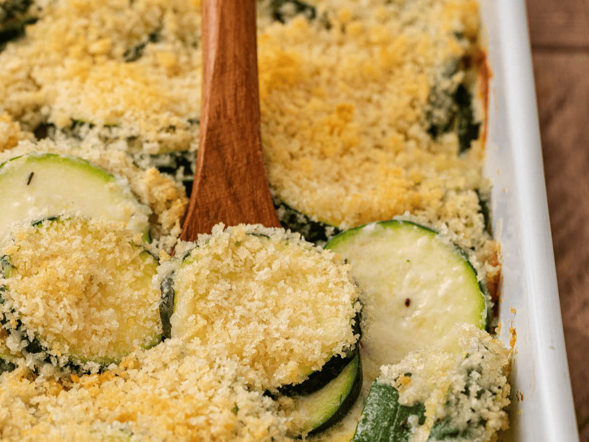 Close up of vegetable casserole with golden topping.