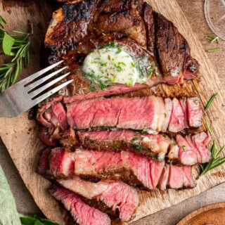 Grilled ribeye cooked to medium.