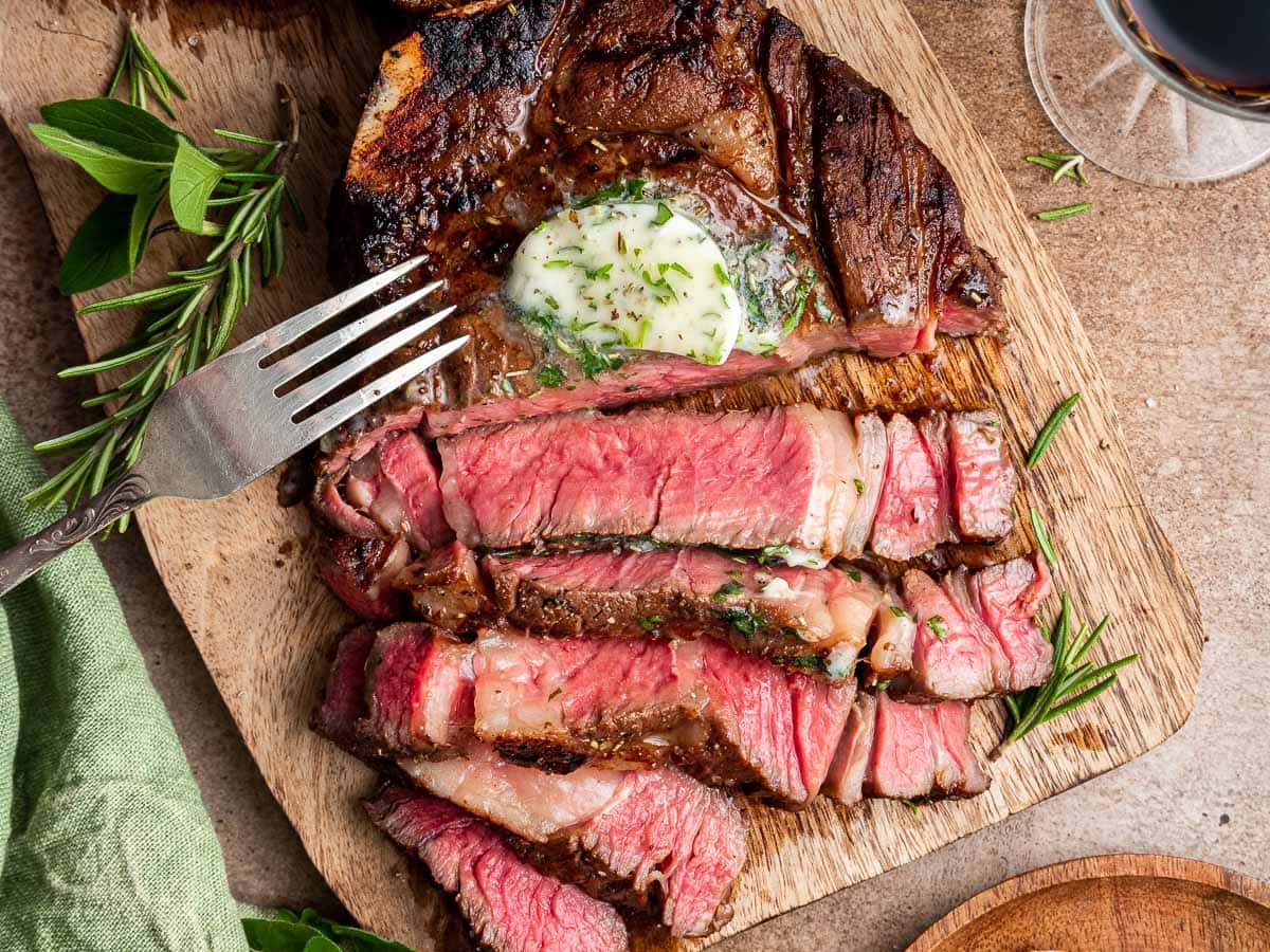 Grilled ribeye cooked to medium.
