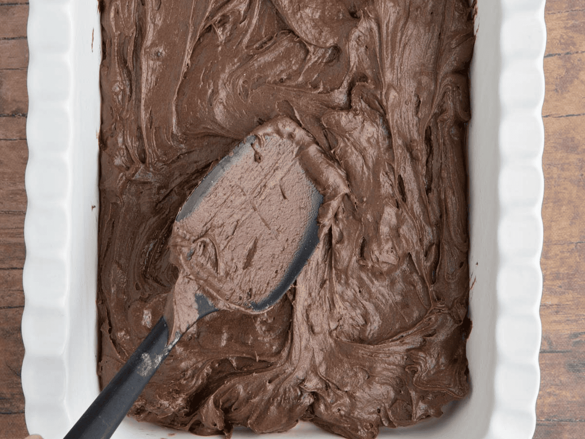 Chocolate batter in baking dish.