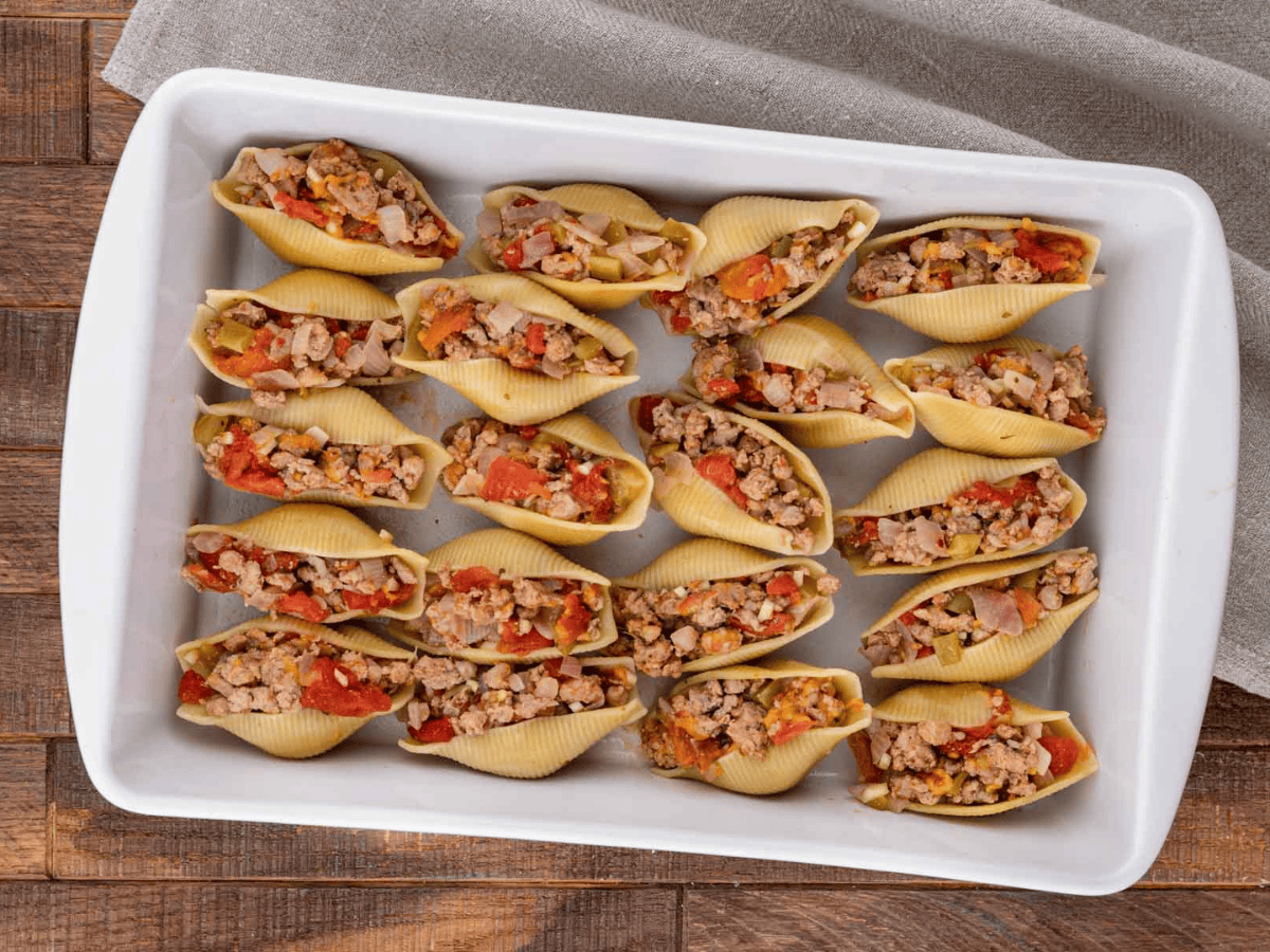 Pasta shells filled with meat mixture.