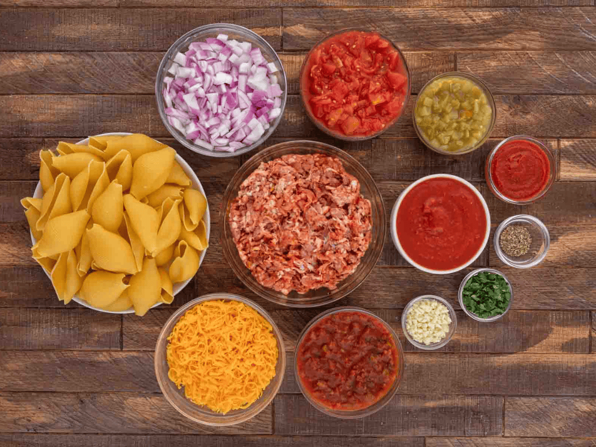 Ingredients for recipe separated into individual bowls.