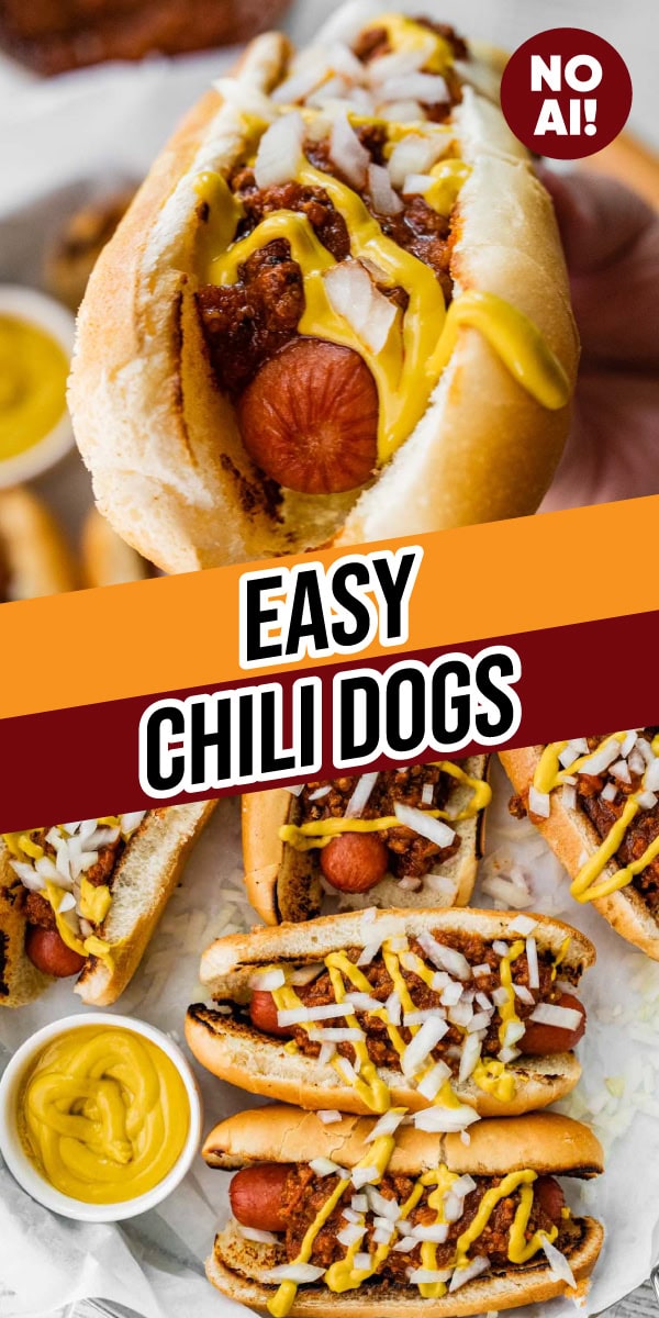 Hot dogs topped with chili, mustard, and onion.