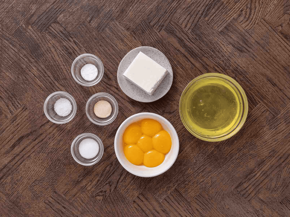 Ingredients for recipe separated into bowls.