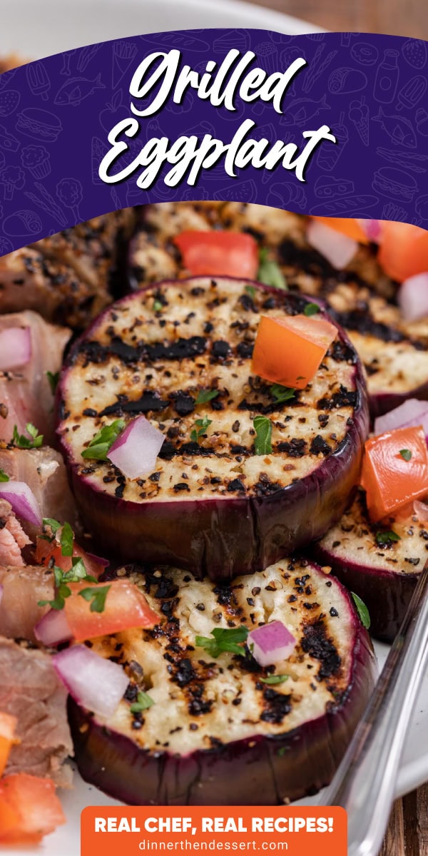 Grilled aubergine on plate with tomato and onion garnish.