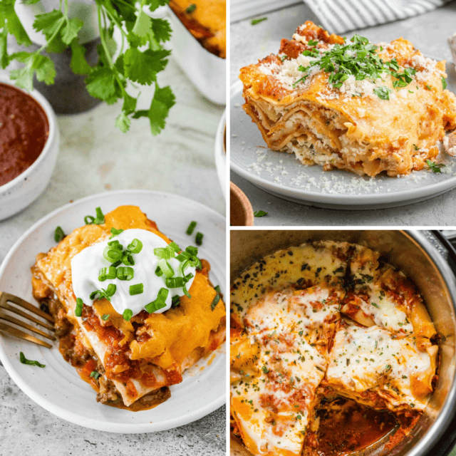 3 grid collage of plated taco lasagna, plated cheese lasagna, and lasagna in Instant Pot