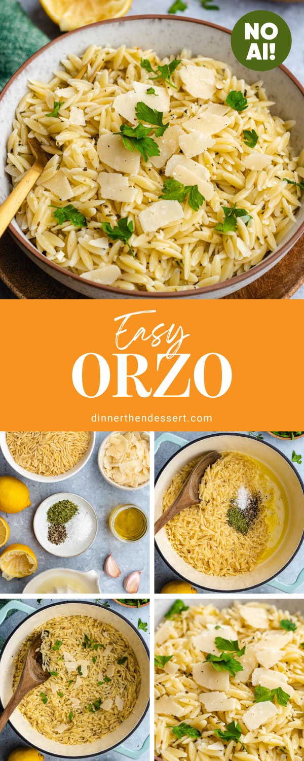 Collage of pasta dish garnished with greens in a pot