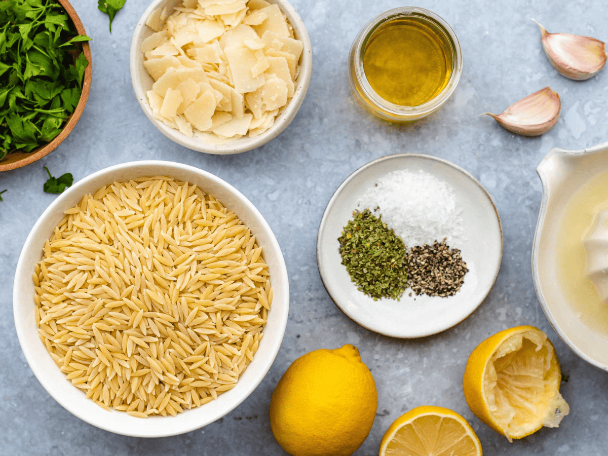Ingredients for recipe in individual small bowls.