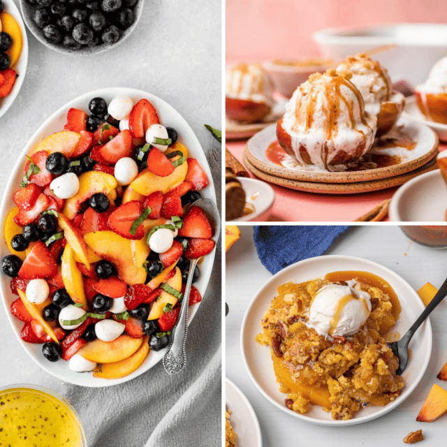 3 image grid with peach caprese salad, peaches and cream, and peach dump cake