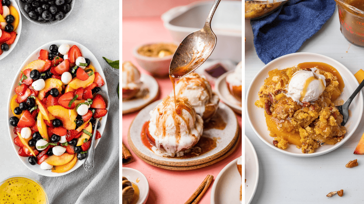 3 image collage with peach caprese salad, peaches and cream, and peach dump cake