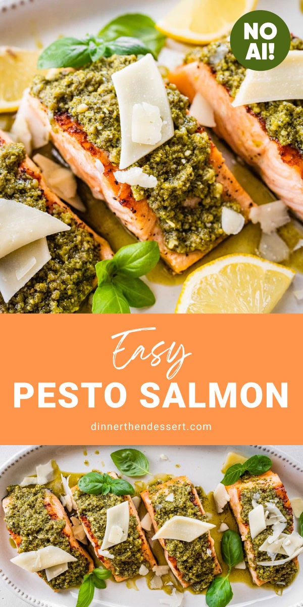 Collage of a pink fish topped with green sauce and garnished with white cheese and lemons.