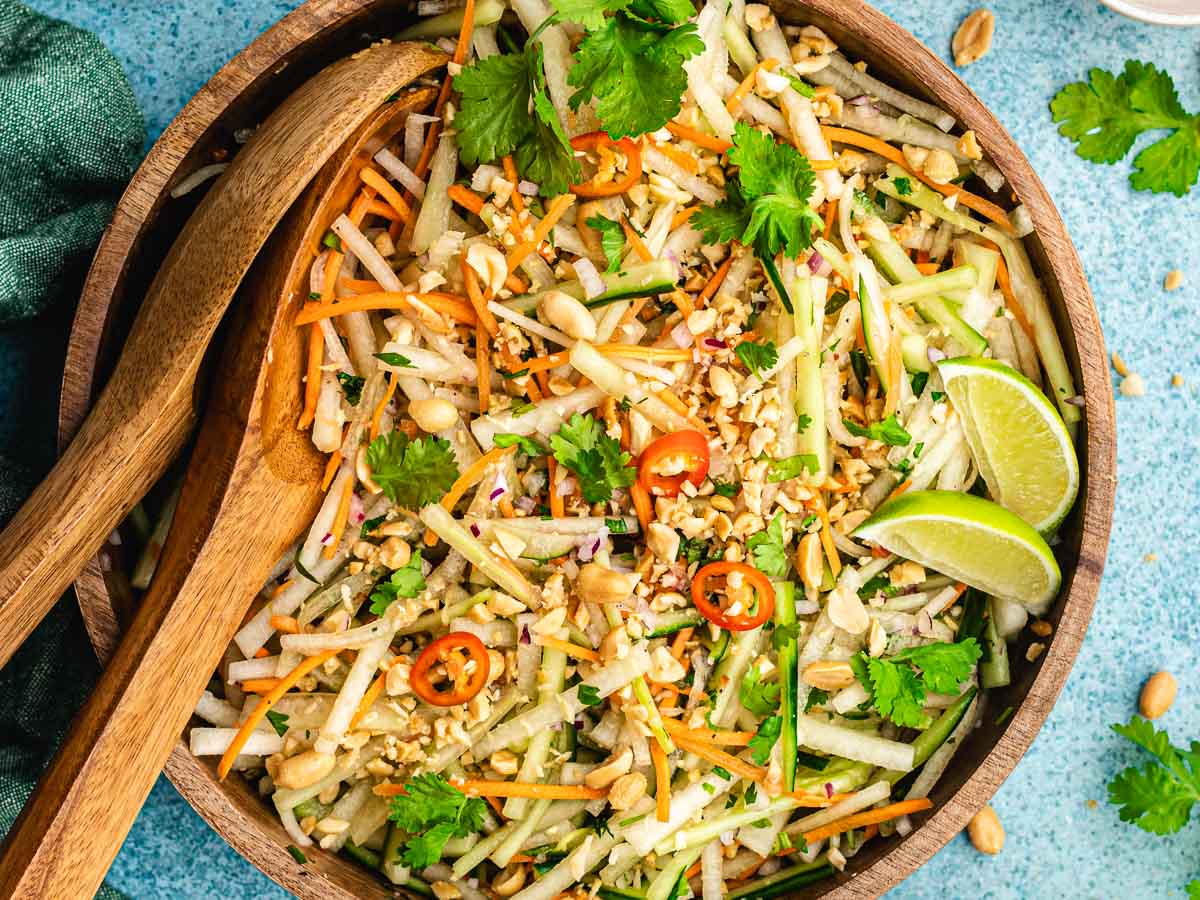 Salad with julienned vegetables, and spicy pepper.