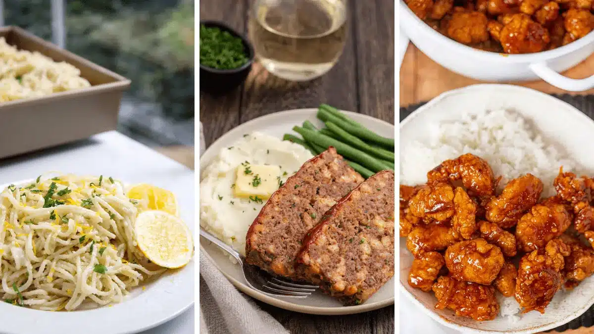 Collage of pasta, meatloaf, and chicken dinner